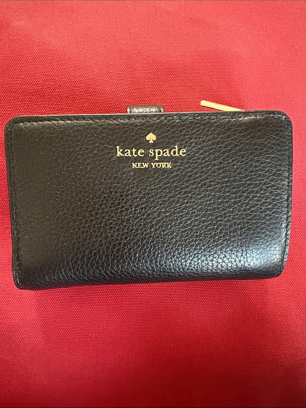kate spade Black Leather Compact Zip Card Wallet with Gold Logo - Picture 1 of 10